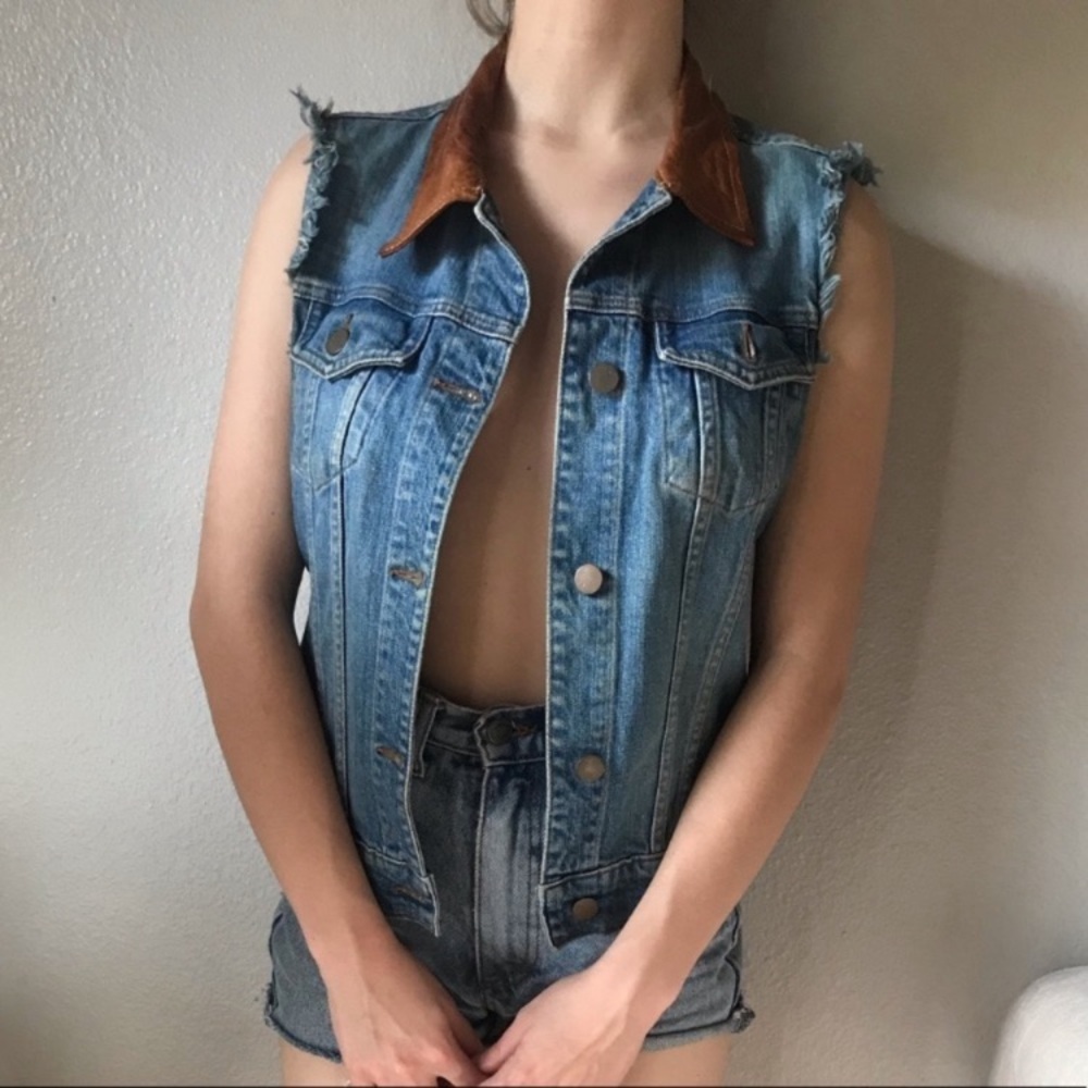 J brand denim vest with brown leather collar